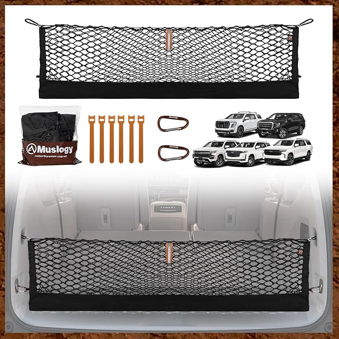 Muslogy Truck Bed Cargo Net Trunk Netting Compatible with 2021-2026 Chevy Suburban&Tahoe|GMC Yukon&Yukon XL| Escalade Accessories, Pickup Cargo Organizer SUV Sedan Storage Net w/Heavy Duty Carabiners