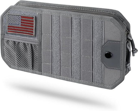 LIVANS Tactical Car Sun Visor Organizer, Auto Accessories Semi-Rigid Molle Panel with Zipper Storage Pouch & Glasses Holder, Gift for Car Gear, Fit Cars, Trucks, Suvs, Jeeps & Patrols (Gray)
