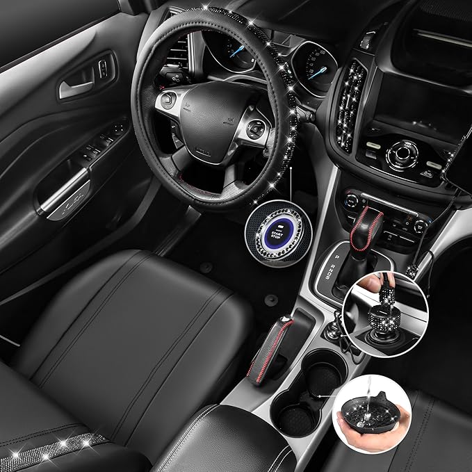 CAR PASS 34 PCS Bling Diamond Car Accessories Set for Women, Leather Car Seat Covers Steering Wheel Covers 15'', USB Charger Phone Holder Shining Rhinestone Sparkly, Cute Interior Decorations, Black