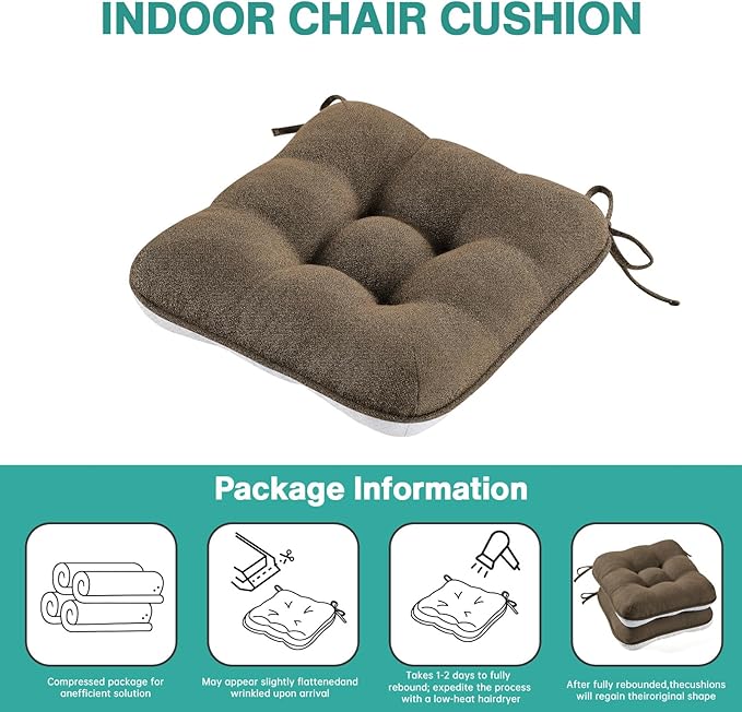 BETU Chair Cushions for Dining Chairs Set of 6,3.5" Thick Kitchen Table Chair Pads with Ties,Non Slip Backing and Covers, Seat Cushion for Dining Room,Bar,Patio Chairs,15.5"X15.5"X3.5",Brown