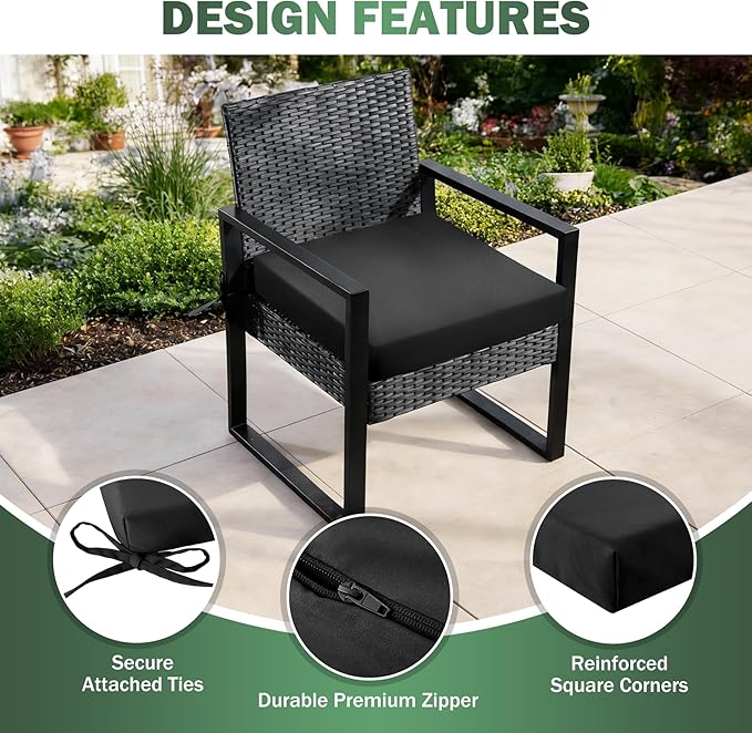 Outdoor Chair Cushions Set of 2, 19x19x3 Inch Waterproof & Fade Resistant Patio Furniture Seat Cushions with Ties, Square Outdoor Dining Chair Cushions for Lawn, Garden, Deck & Yard, Black