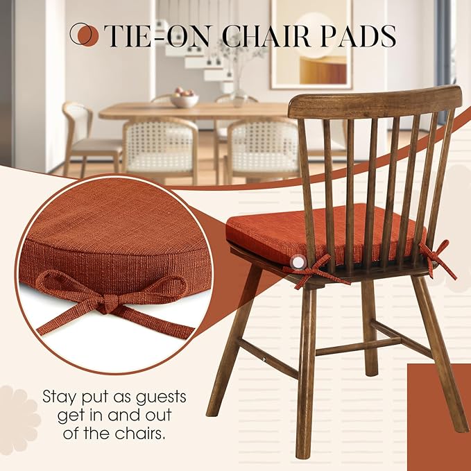 Basic Beyond Memory Foam Dining Chair Cushions, 6 Pack, 16 x 16 inches, Rust with Slip-Resistant Backing and Ties