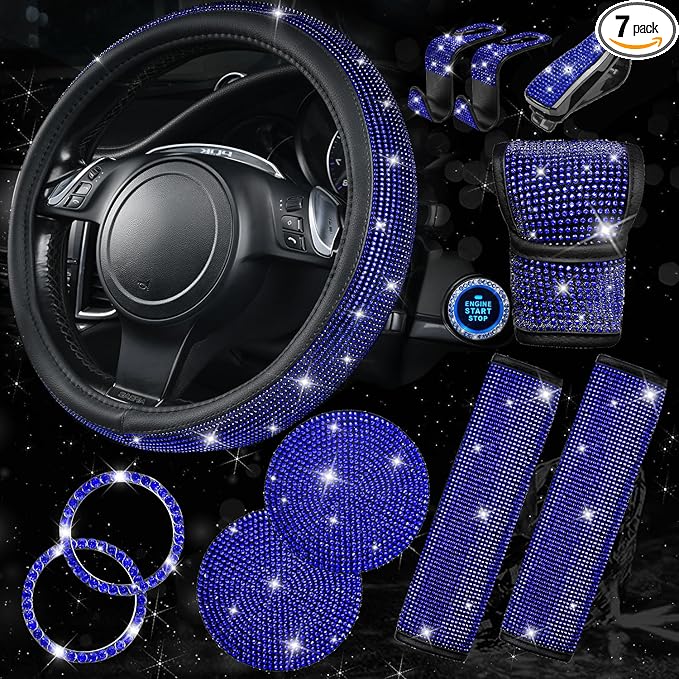 CAR PASS 11 PCS Bling Diamond Car Accessories for Women, Sparkly Rhinestone Steering Wheel Cover, Bling Seat Belt Cushion, Glitter Shift Knob Cover, Car Cup Holder Coaster, Cute Interior Sets Blue