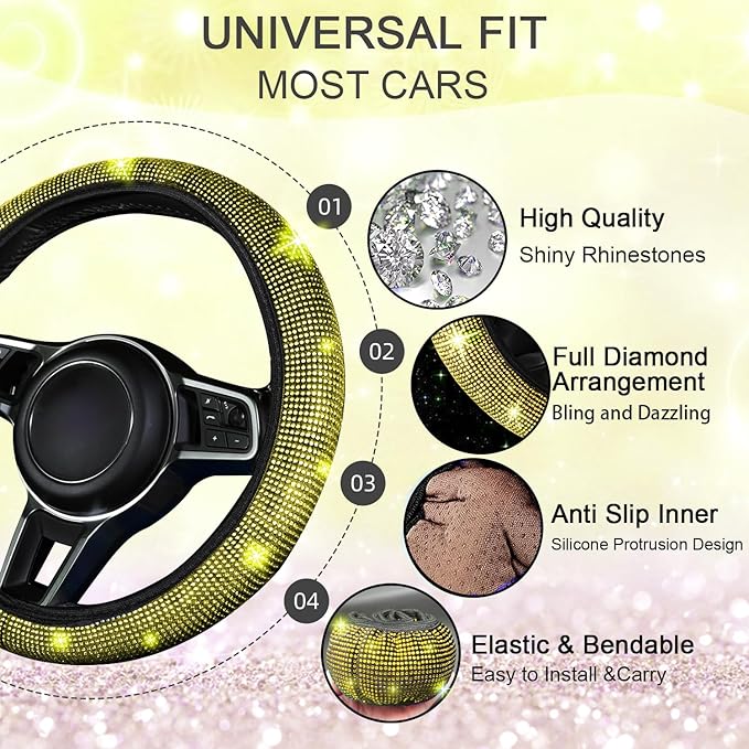 NBTEPEM 8 pcs Yellow Bling Car Accessories Set for Women, Steering Wheel Cover, Sparkly Seat Belt Covers, Bling Gear Shift Cover, Universal Fit Most Cars (Yellow Diamond)