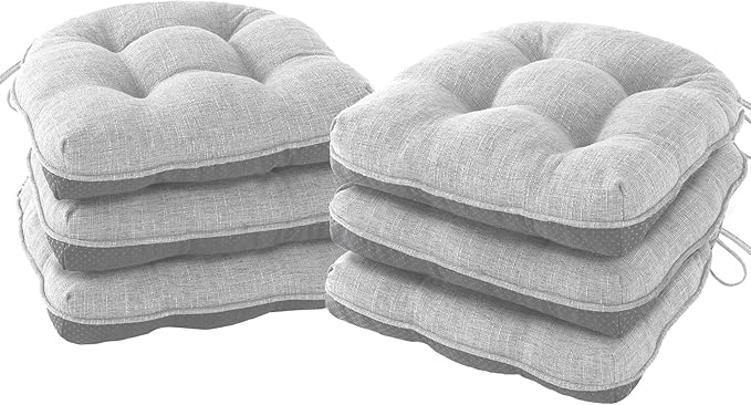 IPYNBAP Chair Cushions for Dining Chairs Set of 6, Kitchen Chair Cushions, Chair Pads with Ties and Non Slip Backing, Tufted Memory Foam Seat Cushion 6 Pack, 15.5" x 15.5" x 4", Light Gray