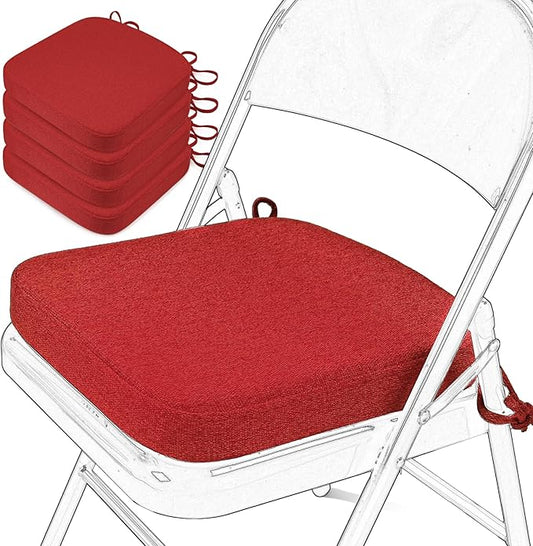 SINOSSO Memory Foam Chair Cushions for Folding Chairs 4 Pack, Thickened 2" Square Pads with Ties for Kitchen Chairs, Indoor Non-Slip Dining Chair Seat Cushions (Set of 4, Red)