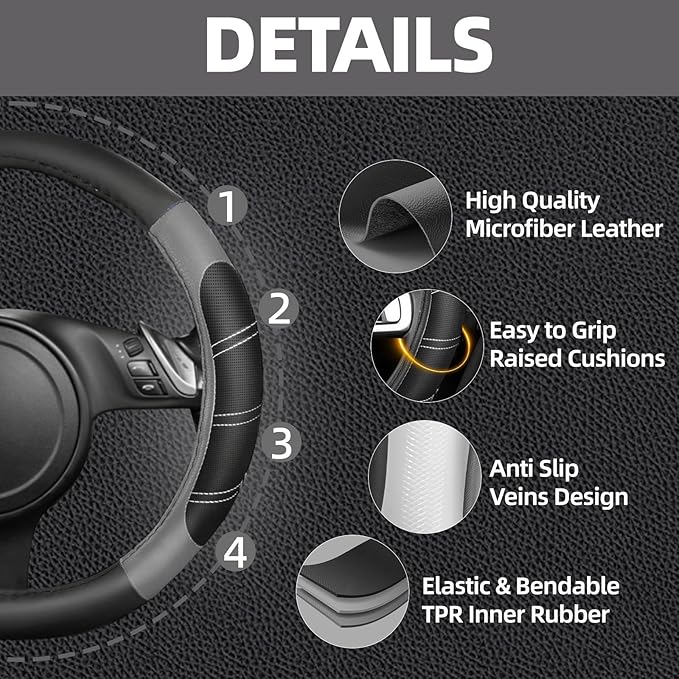 NBTEPEM 6 Pcs Gray Car Accessories Set, Sport Leather Steering Wheel Cover 14.5-15inch Universal, Microfiber Leather Car Center Console Cover, Seat Belt Cushion, Cup Holder Coaster (Black-Gray)
