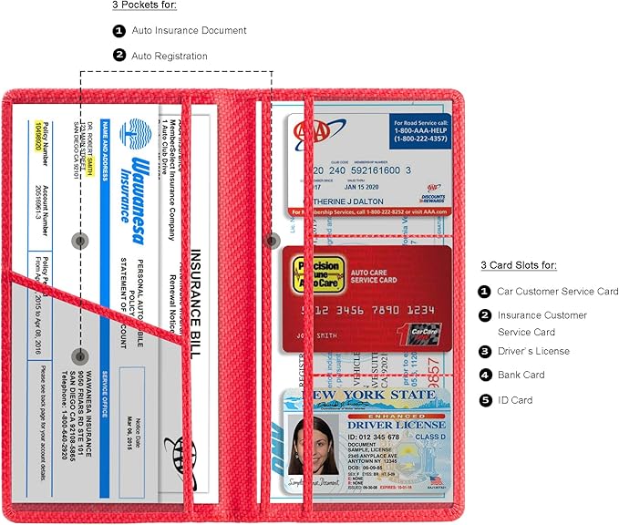 TOURSUIT Car Registration and Insurance Card Holder, Vehicle License Document Glove Box Compartment Organizer, Interior Car Accessories for Women Men Teens (Carbon Red)