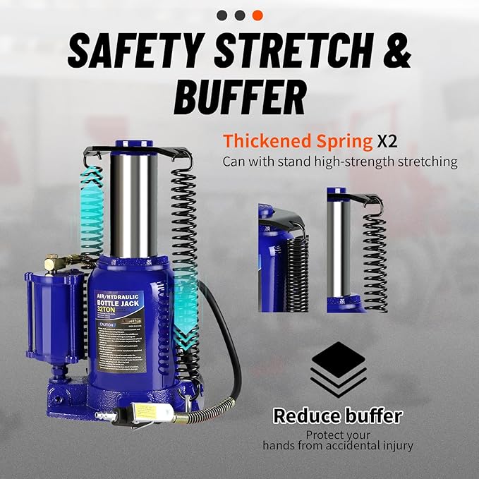 32 Ton Air Hydraulic Bottle Jack with Air-Powered or Manual Operation, One-Piece Hydraulic Cylinder Design, Air Bottle Jack with Independent Air Pump Body and Carry Handle