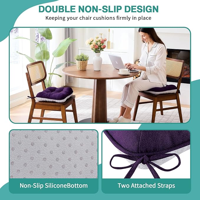 BETU Chair Cushions for Dining Chairs Set of 4,3.5" Thick Kitchen Table Chair Pads with Ties,Non Slip Backing and Covers, Seat Cushion for Dining Room,Bar,Patio Chairs,15.5"X15.5"X3.5",Dark Purple