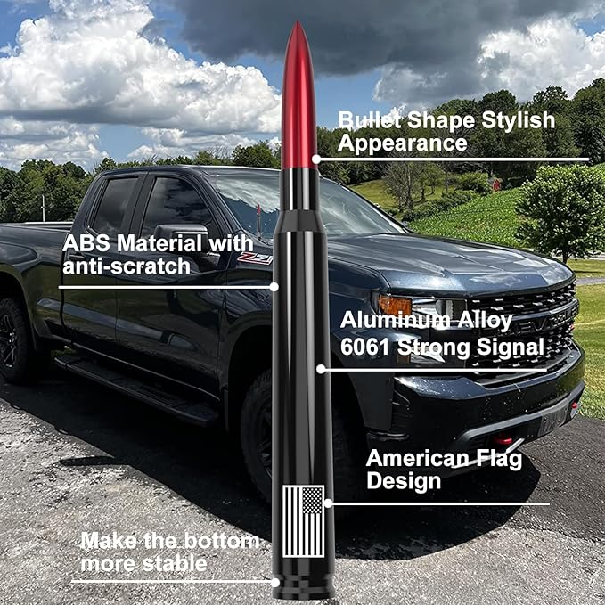 Car Truck Antenna with Tire Valve Caps American Flag Short Replacement for GMC Sierra Chevy Silverado Dodge Ram 1500 2500 3500 Ford F150 F250 F350 Super Duty Raptor Accessories, Red