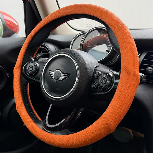 PINCTROT Large Size Nappa Leather Steering Wheel Cover with Ergonomic Palm Support Grip, Full Perforated Breathable, Slim Fit No Bulk Design,15.5-15.75 Inch(Hot Orange)