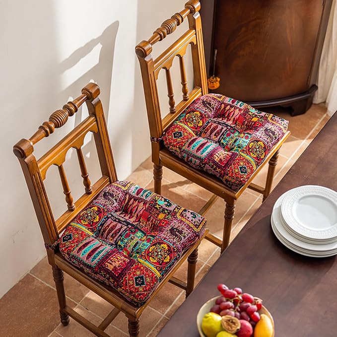 vctops Boho Chair Cushions with Ties Patchwork U-Shaped Soft Cozy Cotton Linen Chair Pads Non Slip Seat Cushions for Indoor Dining Room and Kitchen Chairs (Pink B,16"x16")