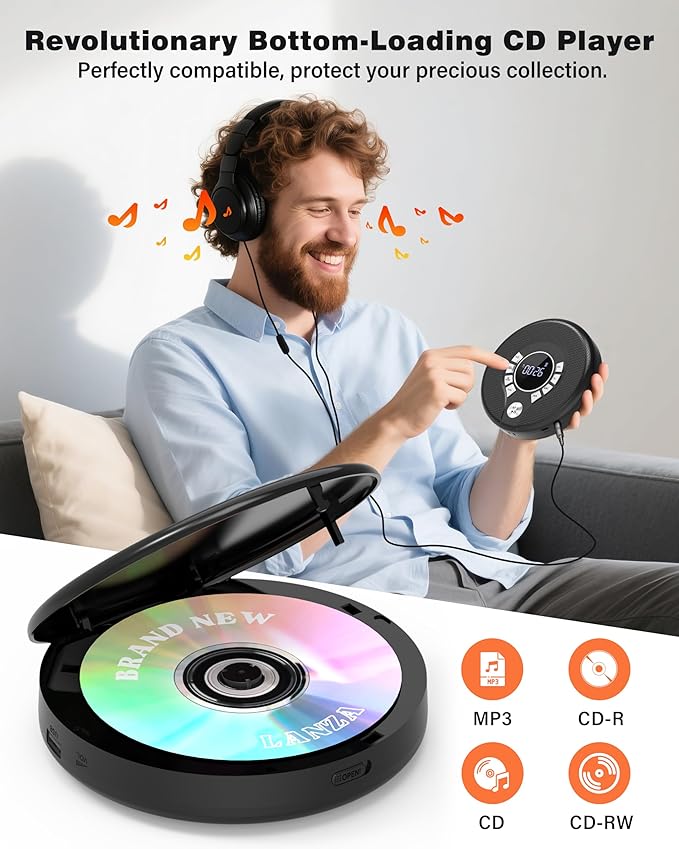 Greadio Portable Bluetooth CD Player with 2000mAh Rechargeable, Personal CD Player for Car with FM Transmitter/AUX, CD Discman Player with Headphone, 120s Anti-Skip, USB Port, Backlight (Black)