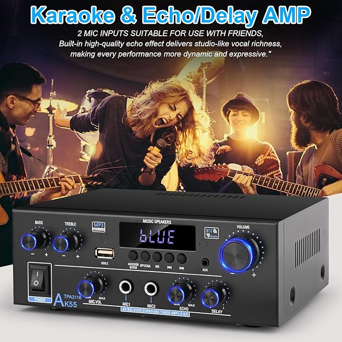 Romica AK55 Stereo Audio Amplifier, 2 Channel 500W Bluetooth 5.0 Home Audio Stereo Receivers with FM, Echo, AUX, USB, SD, MIC, Optical & Coaxial Inputs, AMP for Passive Speakers and Active subwoofer