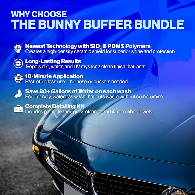 Bunny Buffer Bundle, Waterless SiO2 Ceramic Car Wash & Protect Kit with Auto Body Clean and Protect Spray, Glass Cleaner, & 4 Microfiber Towels, Spray and Wipe Car Detailing Kit, 6 Piece Set