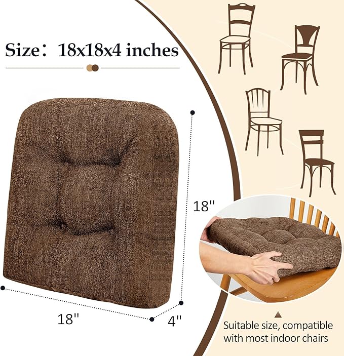 downluxe Chair Cushions for Dining Chairs 4 Pack, Tufted Indoor Chair Pads with Non-Slip Bottom, U-Shaped Kitchen Chair Cushions, 18"x18"x4", Brown
