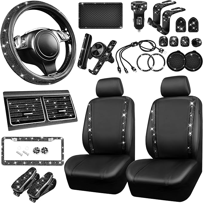 CAR PASS 34 PCS Bling Diamond Car Accessories Set for Women, Leather Car Seat Covers Steering Wheel Covers 15'', USB Charger Phone Holder Shining Rhinestone Sparkly, Cute Interior Decorations, Black