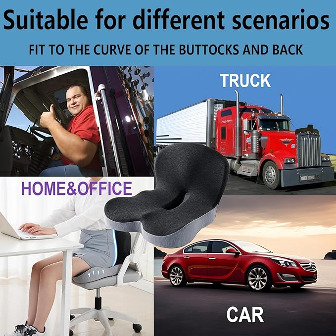 Seat Cushion Memory Foam Pads for Truck Driver Office Chair Cushion Home Chair Cushion Car Non Slip Pad Sitting Ergonomic Cushions for Office Workers Car Drivers (Dark Grey)