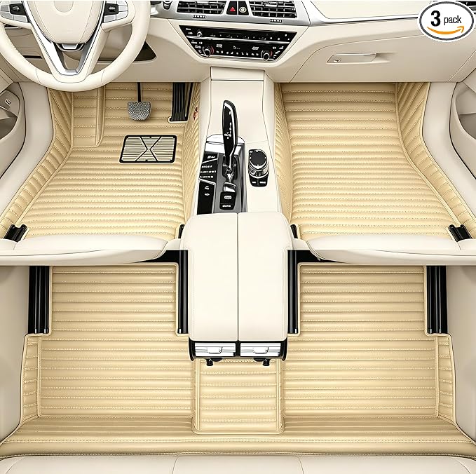 Custom Text + Image Car Mats, One-of-a-Kind Personalized Leather Floor Liners, All-Weather Full Set for Sedan SUV Truck Van(Beige)
