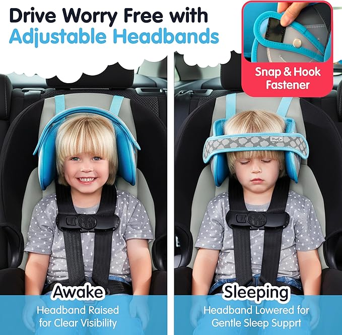 NapUp Adjustable Head Support for Car Seat – Patented & Crash-Tested Anti-Bobbing Head Holder Strap, Comfortable Sleep Solution - Breathable Fabric, Kids Travel Accessories - Ages 2+ - Light Blue