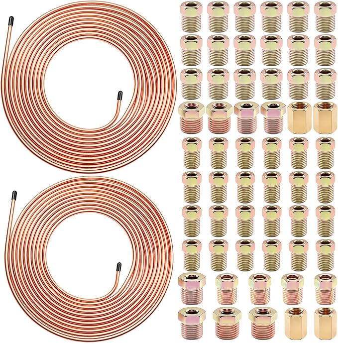 60Pcs 2 Sets 3/16 Inch & 1/4 Inch 25 FT Brake Line Tubing Kit with 58 Pcs Brake Line Fittings, Copper Coated Alloy Steel Brake Lines Kit Replacement for Hydraulic Fuel Transmission Line