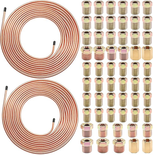 60Pcs 2 Sets 3/16 Inch & 1/4 Inch 25 FT Brake Line Tubing Kit with 58 Pcs Brake Line Fittings, Copper Coated Alloy Steel Brake Lines Kit Replacement for Hydraulic Fuel Transmission Line