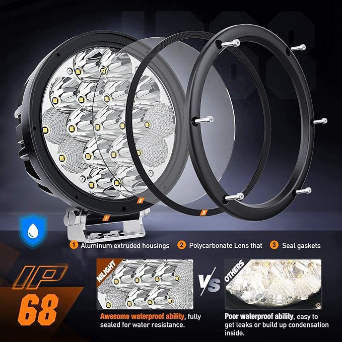 Nilight 2PCS 7Inch 85W LED Driving Light 10200LM IP68 Spot Flood Combo Round Built-in EMC Offroad Lights with 14AWG DT Connector Wiring Harness Kit for Truck ATV UTV SUV