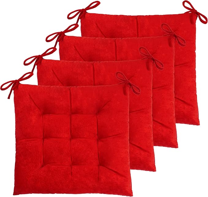 ELFJOY Set of 4 Square Chair Pads Indoor Seat Cushions Pillows with Ties Thick Soft Seat Cushion for Kitchen Dining Office Chair (18", Red)