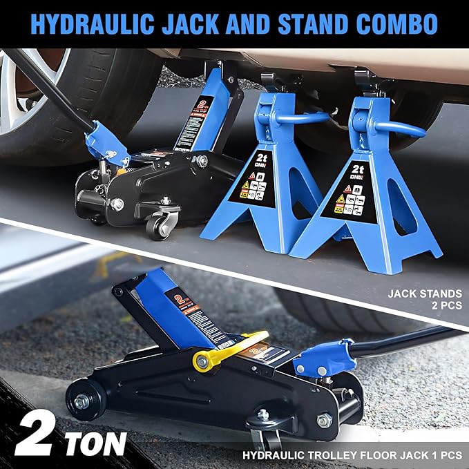 DNA Motoring 2 Ton Car Jack and Stands Kit 2T(4000 lbs) Capacity Low Profile Hydraulic Trolley Service/Floor Jack with 2 Ratchet Stands Combo for Home Garage Shop, Blue, TOOLS-00476