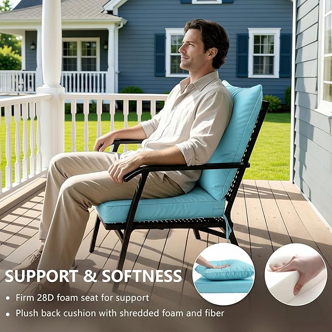 22x22 Inch Patio Chair Cushions Set of 2, Outdoor Furniture Cushions - Removable Cover, Water-Repellent, Fade-Resistant, Non-Slip Bottom & Straps, Replacement for Lawn, Porch & Deck Chair - Light Blue