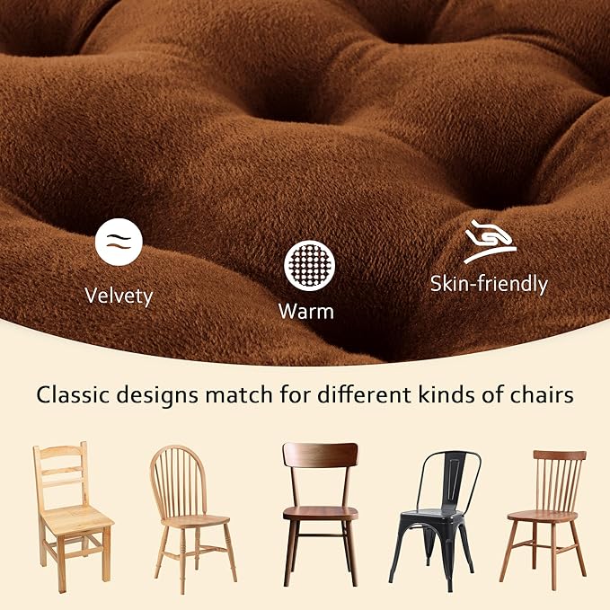 ELFJOY Set of 4 Square Chair Pads Indoor Seat Cushions Pillows with Ties Thick Soft Seat Cushion for Kitchen Dining Office Chair (18", Coffee)