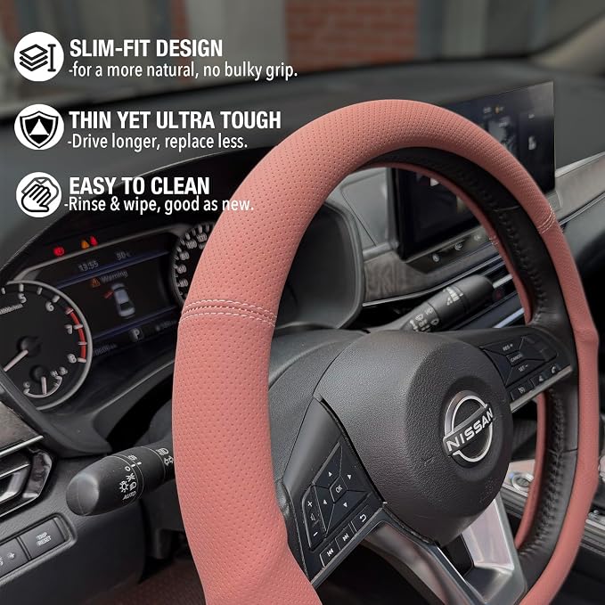 PINCTROT D Shaped Nappa Leather Steering Wheel Cover with Ergonomic Palm Support Grip, Full Perforated Breathable, Slim Fit No Bulk Design, Flat Bottom 14.5-15 Inch (Maple Brown)