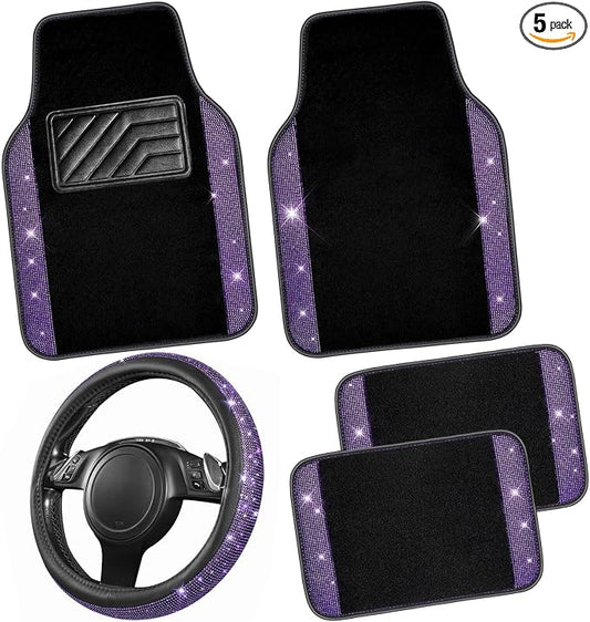 CAR PASS Bling Diamond Leather Steering Wheel Cover 14.5in-15in Floor Mats Shining Rhinestone Carpet Sparkly Glitter Crystal Anti-Slip Pad Fit Automotive SUV Pickup Truck Girl Women, 5pcs Black Purple
