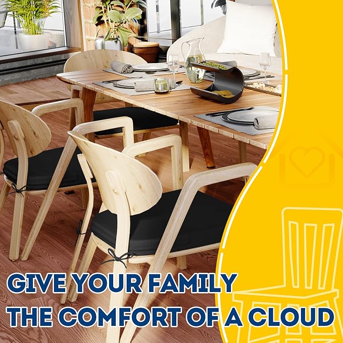 AAAAAcessories D-Shaped Chair Cushions, 2" Thick Dining Chair Pads with Ties and Removable, Machine-Washable Cover, 17" x 16", Set of 6, Black