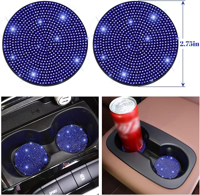 7 Pack Bling Car Accessories Set for Women Girl,Blue Diamond Steering Wheel Cover Set 15 inch,Seat Belt Pad,Stick Shift Cover,Push Start Button Bling Ring,Car Coasters, Blue