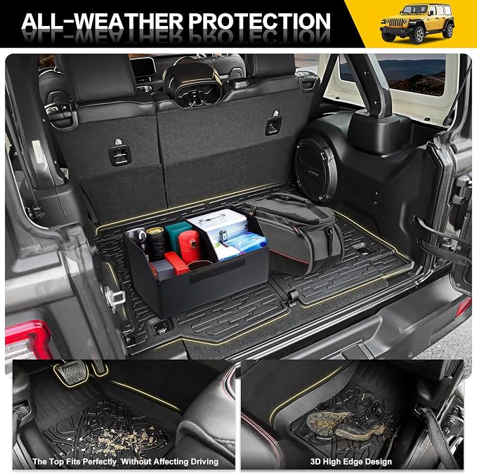 Cargo Mats for 2018-2025 Jeep Wrangler JL 4X4 Floor Liners with Trunk Mat All Weather TPE Protector Rear Floor Trunk Liners for 18-25 Wrangler JL 4X4 4 Door Accessories