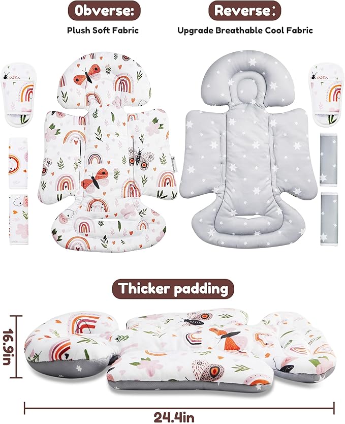 BOMOLOUR Infant Insert, Enlarged Head Support for Baby, Reversible Newborn Insert with 3 Strap Covers, 2-in-1 Baby Cushion for Stroller, Swing, Bouncer, Rocker - Brown Rainbow