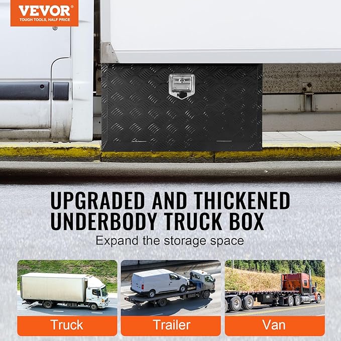 VEVOR Underbody Truck Box, 30"×14"×16" Pickup Storage Box, Heavy Duty Aluminum Diamond Plate Tool Box with Lock and Keys, Waterproof Trailer Storage Box with T-Handle Latch for Truck, Van, Trailer
