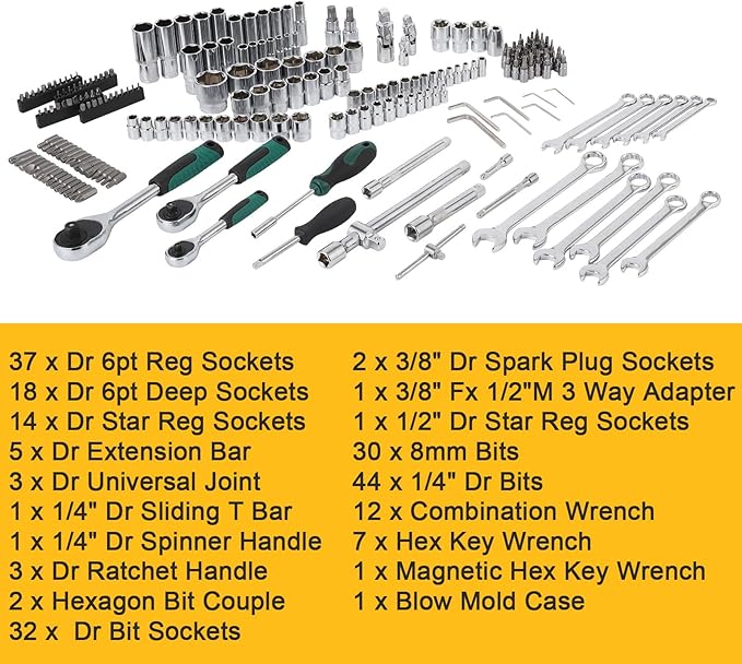 IDEALHOUSE 216 PCS Mechanic Tool Set with Case,Socket Wrench Set,1/4" 3/8" 1/2" Drive Socket Kit,72-Tooth Quick Release Ratchet, Specialty Tools for Home Automotive Repair