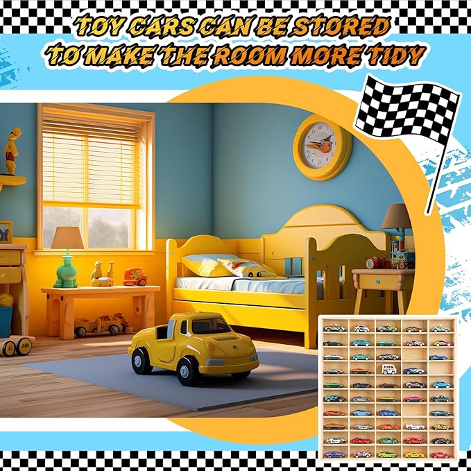 Seenelling Hot 1/64 Diecast Wheels Display Case Holds Toy Cars Wooden Wall Mount Car Display Shelf Storage Organizer Case for Toy Collectibles, Wheel, Model, 10 Layers (50 Spaces)