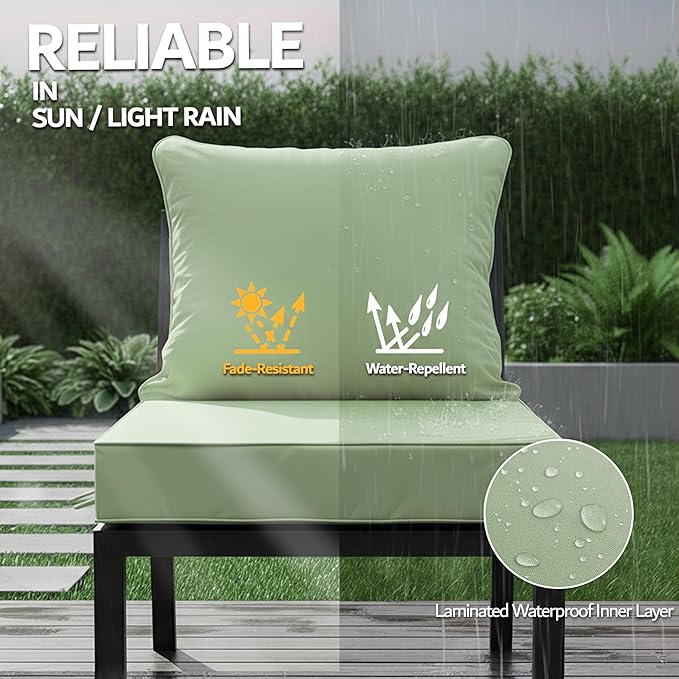 22x22 Inch Patio Chair Cushions Set of 4, Outdoor Furniture Cushions - Removable Cover, Water-Repellent, Fade-Resistant, Non-Slip Bottom & Straps, Replacement for Lawn, Porch & Deck Chair - Sage Green