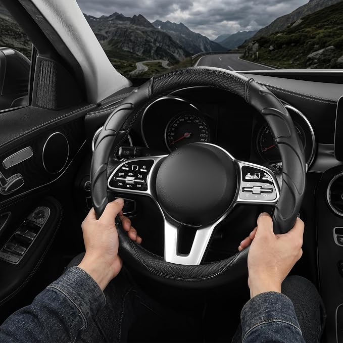 West Llama Carbon Fiber Leather Steering Wheel Cover with Anti-Slip Grip, 3D Textured Design, 14.5-15 Inch Car Steering Wheel Cover, Durable Interior Accessory (Standard Size-Black)