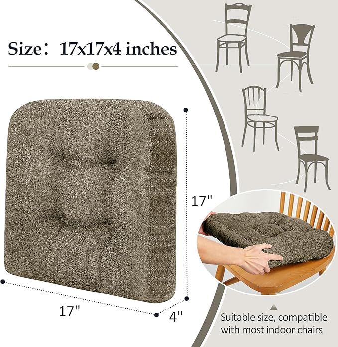 downluxe Chair Cushions for Dining Chairs 2 Pack, Tufted Indoor Chair Pads with Non-Slip Bottom, U-Shaped Kitchen Chair Cushions, 17"x17"x4", Coffee