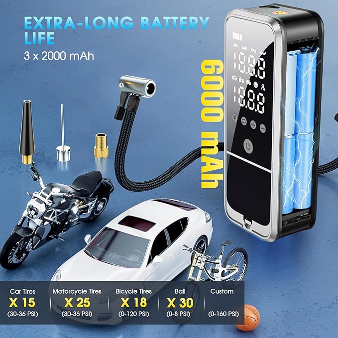 160PSI Tire Inflator Portable Air Compressor, 6000mAh Air Pump for Car Tires Cordless Bike Pump with LED Light&Auto Shut-Off Function Portable Tire Inflator for Car, Motorcycle, Bicycle, Ball
