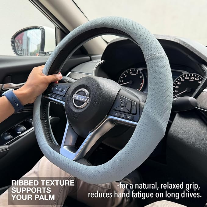 PINCTROT D Shaped Nappa Leather Steering Wheel Cover with Ergonomic Palm Support Grip, Full Perforated Breathable, Slim Fit No Bulk Design, Flat Bottom 14.5-15 Inch (Ice Blue)