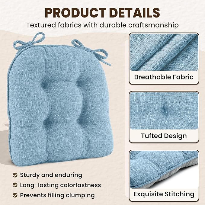 downluxe Indoor Chair Cushions for Dining Chairs, Tufted Overstuffed Textured Kitchen Chair Pads with Ties and Non-Slip Backing, 16.5" x 16.5" x 4", Light Blue, 4 Pack