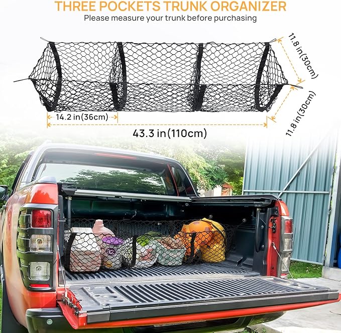 Cargo Net Truck Bed Organizer, Heavy Duty Tailgate Mesh for Pickup Truck,Trunk Storage Net with 3 Pockets & Metal Hooks, Fits Ford F150, Silverado, GMC Sierra, Ram,43.3×11.8 in
