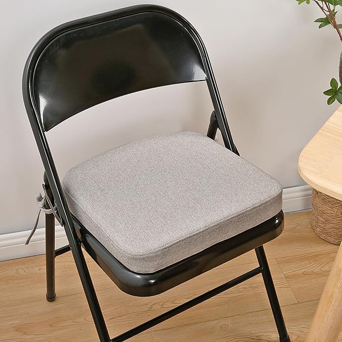 SINOSSO Memory Foam Chair Cushion for Folding Chair 1 Pcs, Thickened 2" Square Kitchen Chair Pad with Ties, Indoor Non-Slip Dining Chair Seat Cushion (1 Piece, Light Grey)