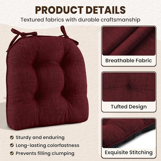 downluxe Indoor Chair Cushions for Dining Chairs, Tufted Overstuffed Textured Kitchen Chair Pads with Ties and Non-Slip Backing, 15.5" x 15.5" x 4", Burgundy, 4 Pack